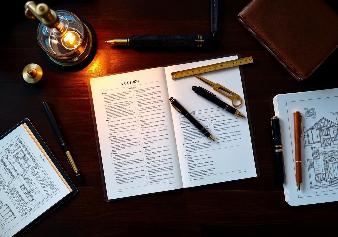 Open valuation report on a walnut desk